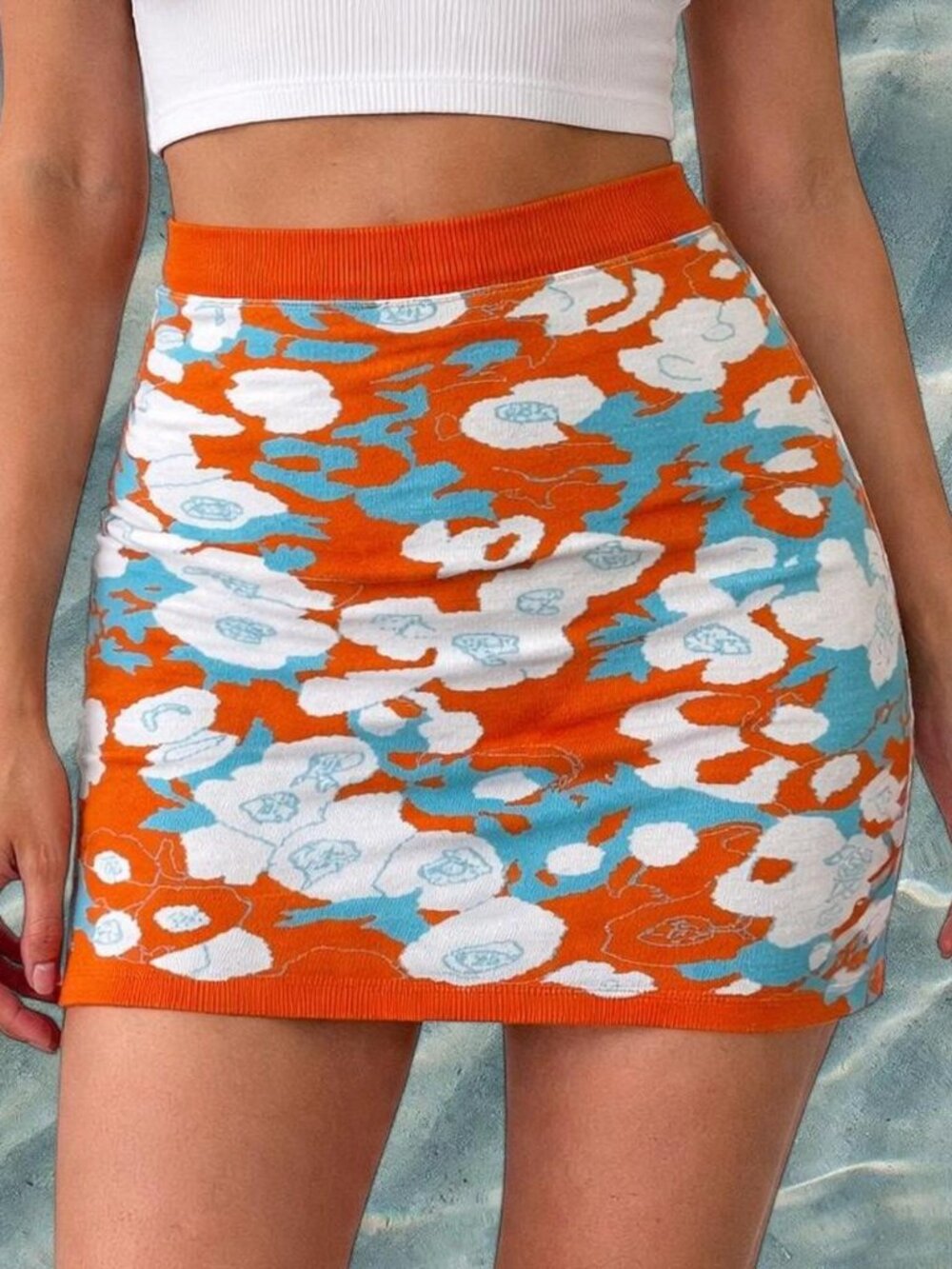 IMMODEL orange & blue graphic floral knit mini skirt ⭐️ Size S